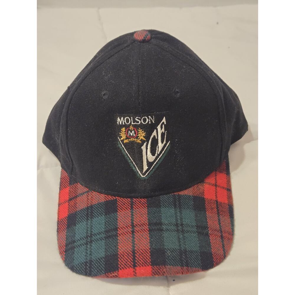 Vintage Molson ICE Beer Adjustable Snapback Baseball Hat Plaid Cap Festive